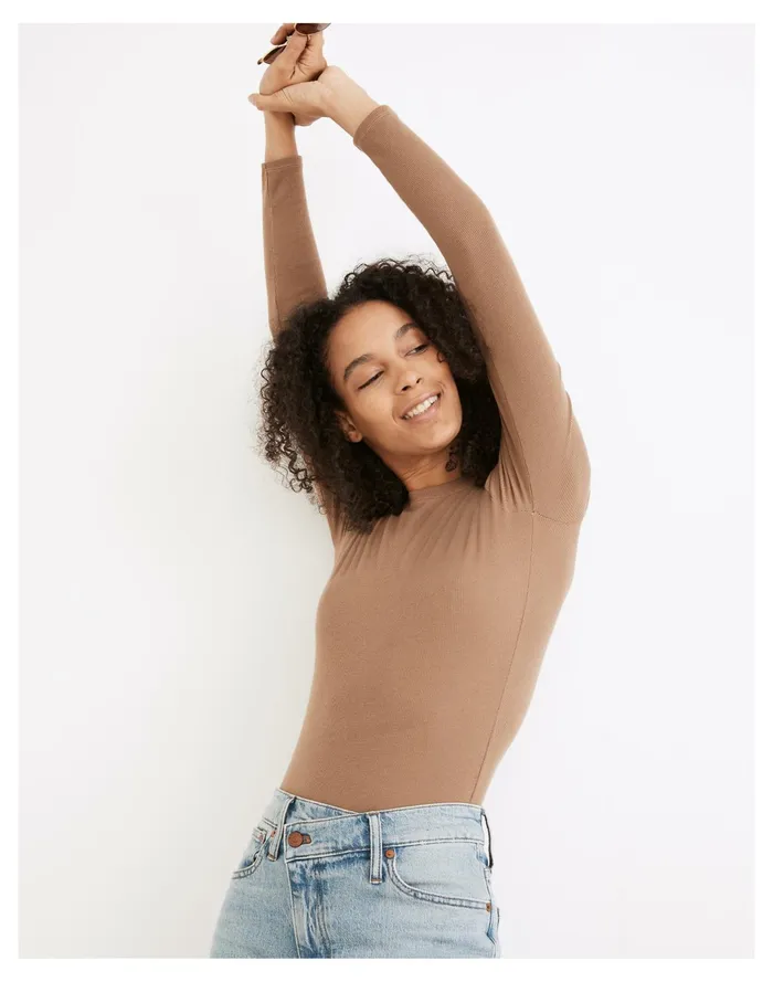 Women Ribbed Crewneck Full Coverage Bodysuit Weathered Walnut Madewell Tees