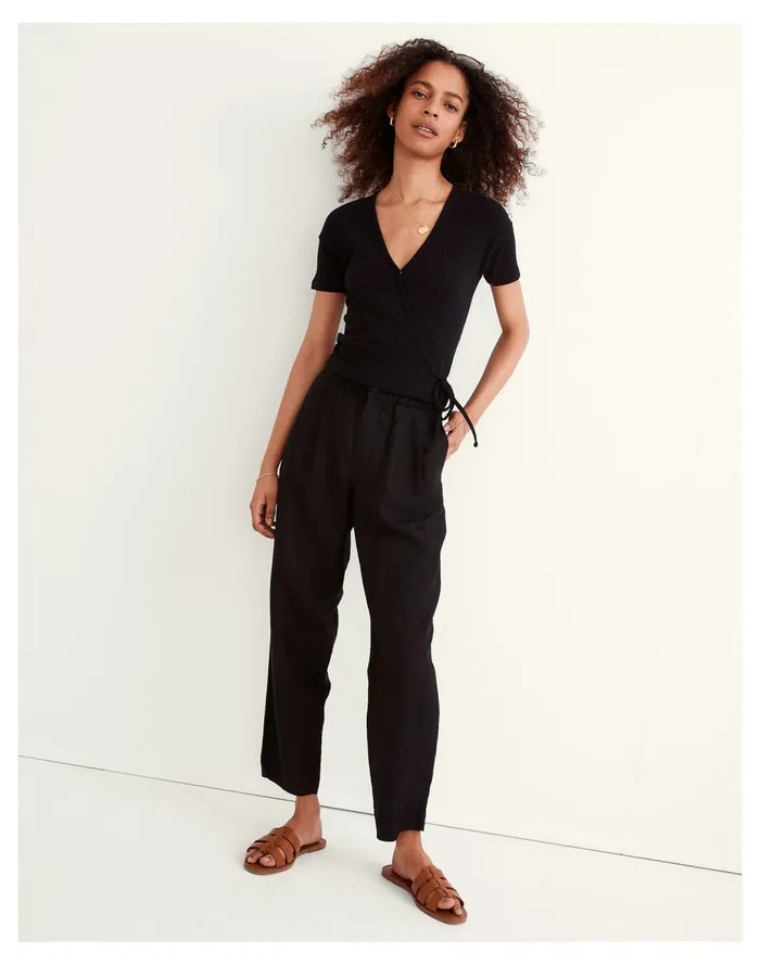 Women Ribbed Wrap Crop Top True Black Madewell Tops and Shirts