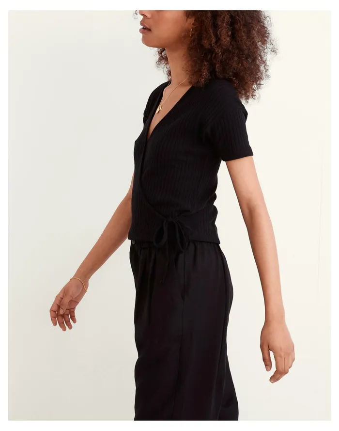Women Ribbed Wrap Crop Top True Black Madewell Tops and Shirts Women Ribbed Wrap Crop Top True Black Madewell Tops and Shirts