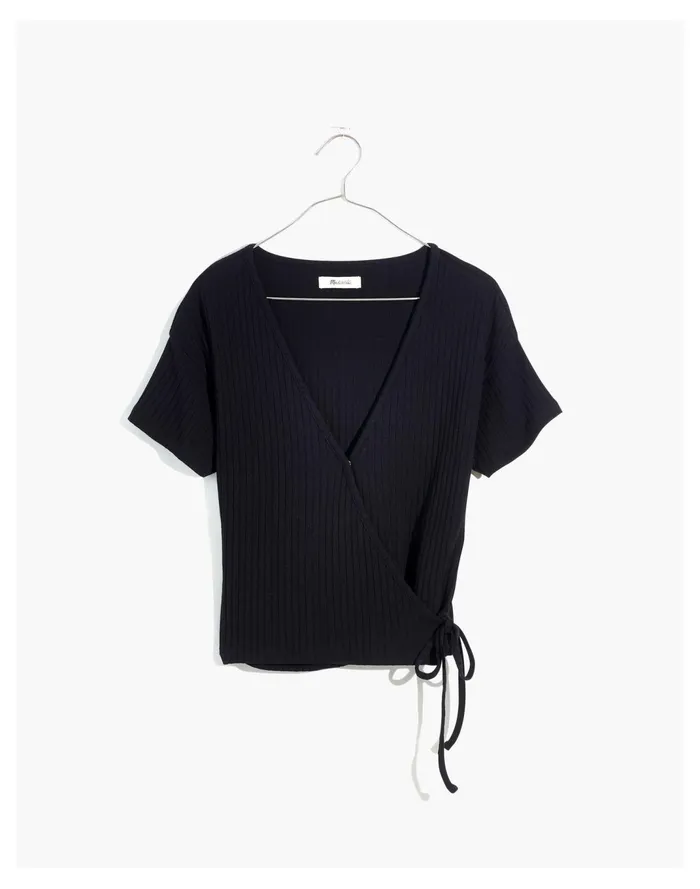 Women Ribbed Wrap Crop Top True Black Madewell Tops and Shirts Women Ribbed Wrap Crop Top True Black Madewell Tops and Shirts