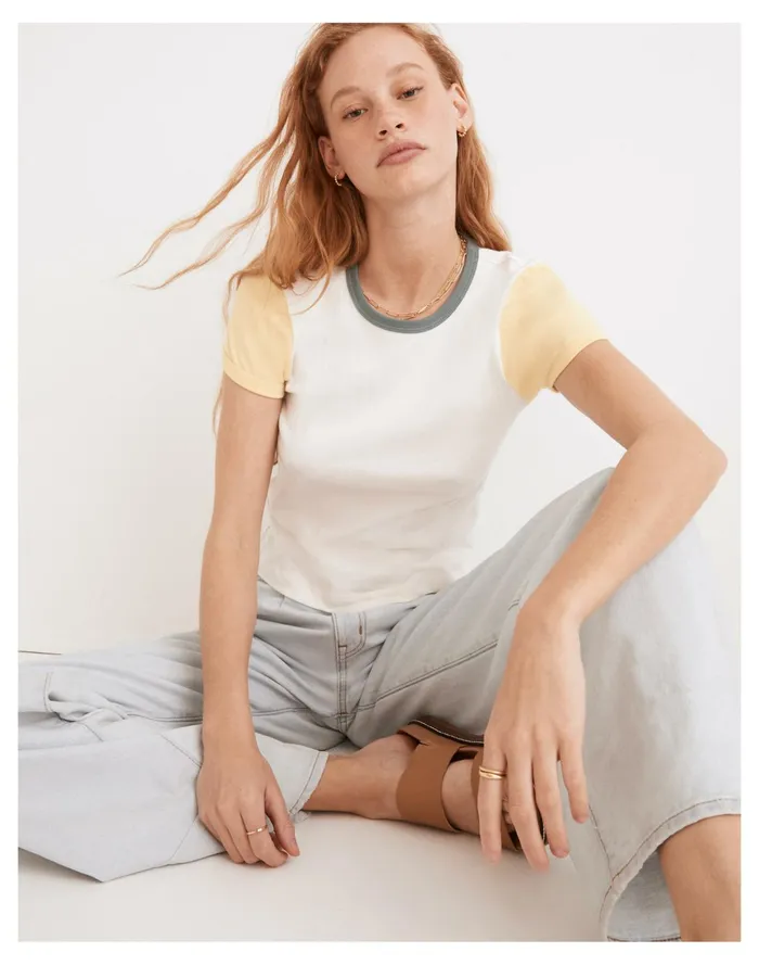 Women Rivet and Thread Baby Tee In Colorblock Antique Cream Pale Maize Madewell Tees Women Rivet and Thread Baby Tee In Colorblock Antique Cream Pale Maize Madewell Tees
