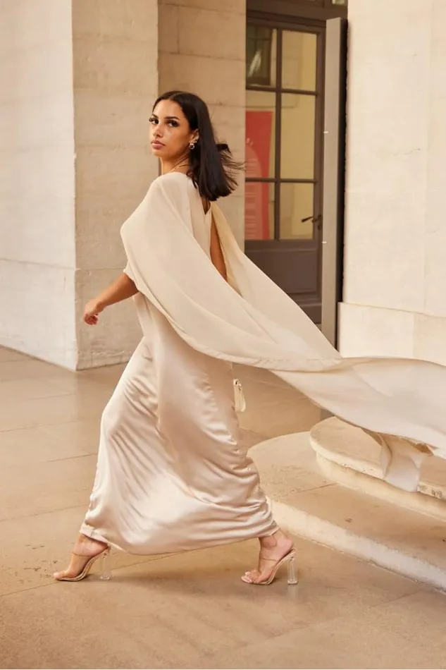 Women Robe Beige Ample Satine Empicement Voile Beige Brentiny Paris Ceremonial Outfits Women Robe Beige Ample Satine Empicement Voile Beige Brentiny Paris Ceremonial Outfits