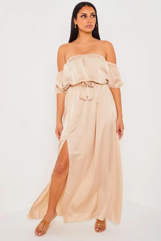 Women Robe Beige Satine Col Bardot Beige Brentiny Paris Short Dresses