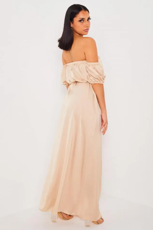 Women Robe Beige Satine Col Bardot Beige Brentiny Paris Short Dresses