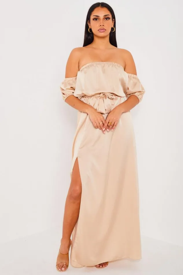 Women Robe Beige Satine Col Bardot Beige Brentiny Paris Short Dresses