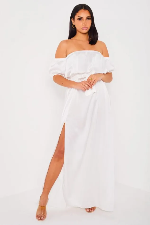 Women Robe Blanche Satine Col Bardot White Brentiny Paris Short Dresses