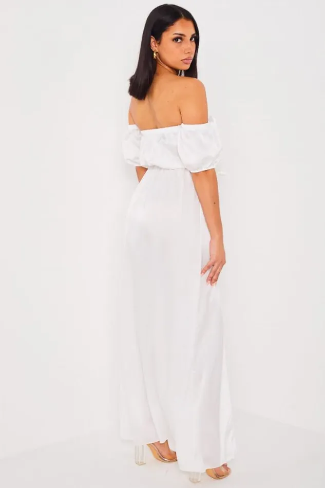 Women Robe Blanche Satine Col Bardot White Brentiny Paris Short Dresses