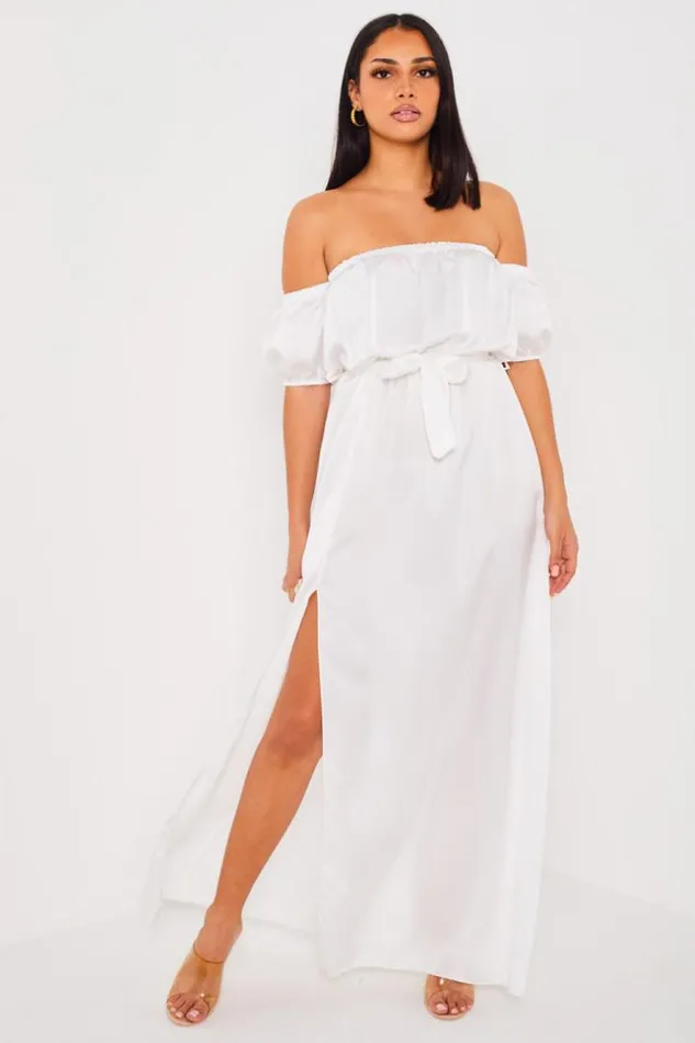 Women Robe Blanche Satine Col Bardot White Brentiny Paris Short Dresses