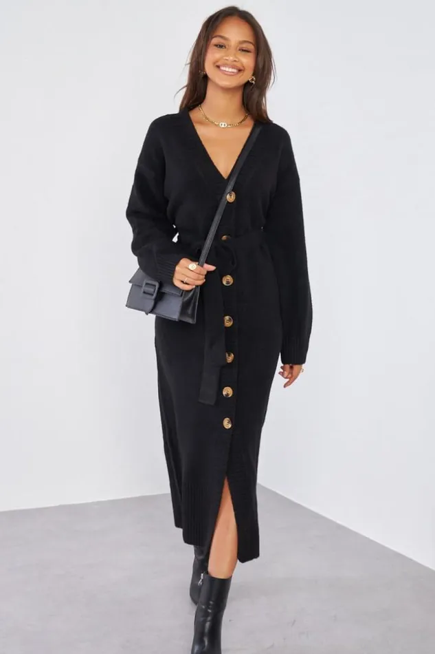 Women Robe Longue Noire Boutons Dcoratifs Black Brentiny Paris Short Dresses