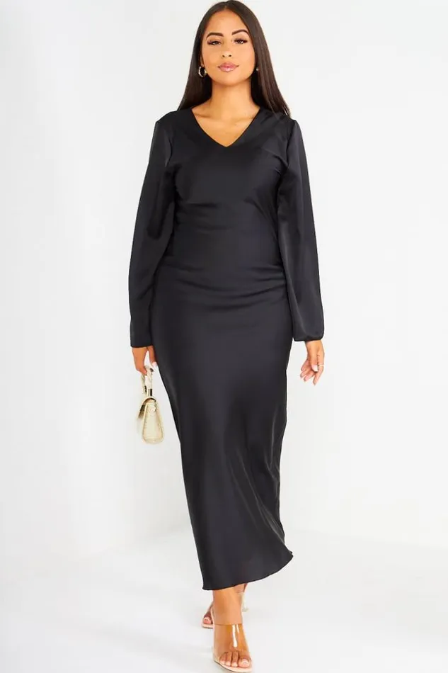 Women Robe Longue Noire Satine Et Fluide Black Brentiny Paris Short Dresses
