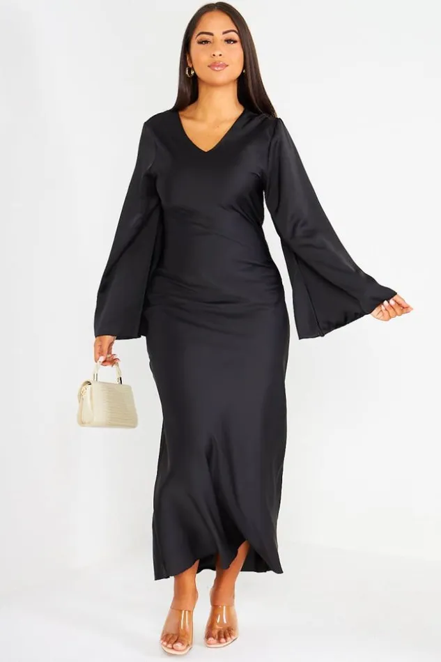 Women Robe Longue Noire Satine Et Fluide Black Brentiny Paris Short Dresses