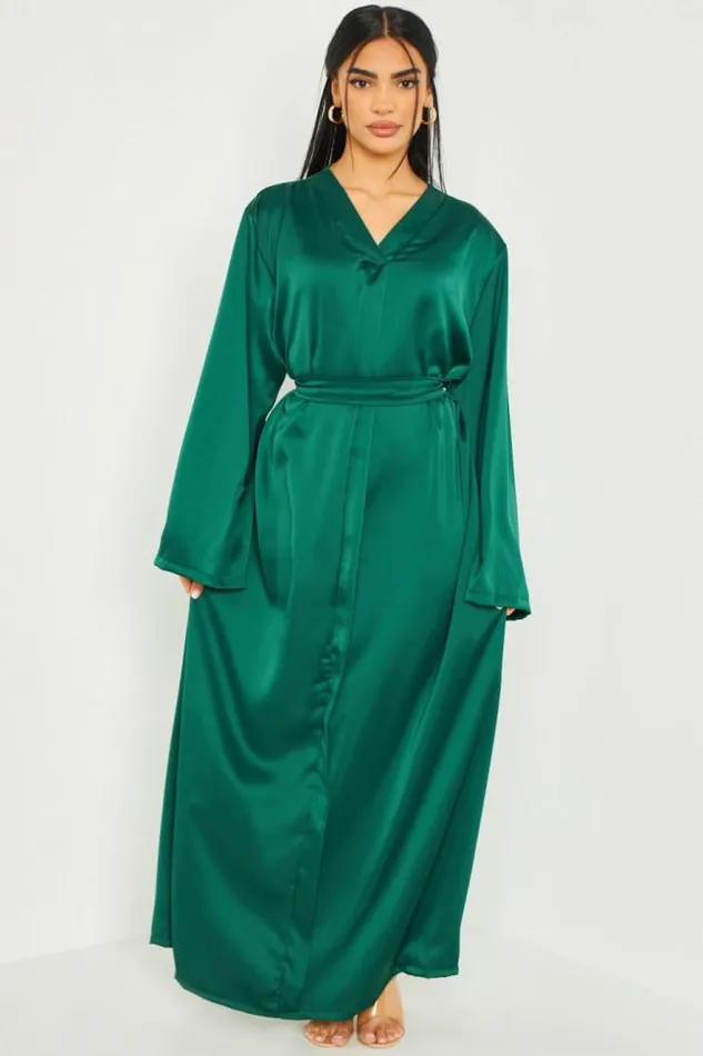 Women Robe Longue Satine Ceinture Verte Green Brentiny Paris Ceremonial Outfits