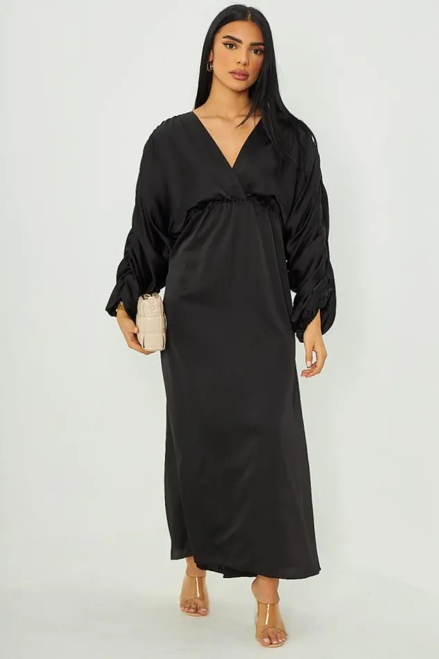 Women Robe Manche Bouffante Satine Noire Black Brentiny Paris Satin Dresses