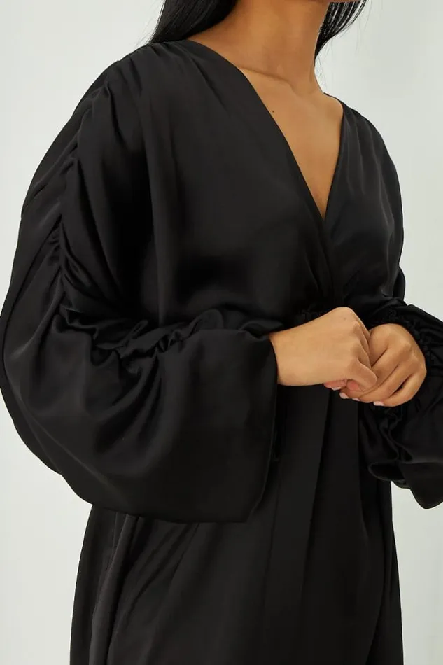 Women Robe Manche Bouffante Satine Noire Black Brentiny Paris Satin Dresses