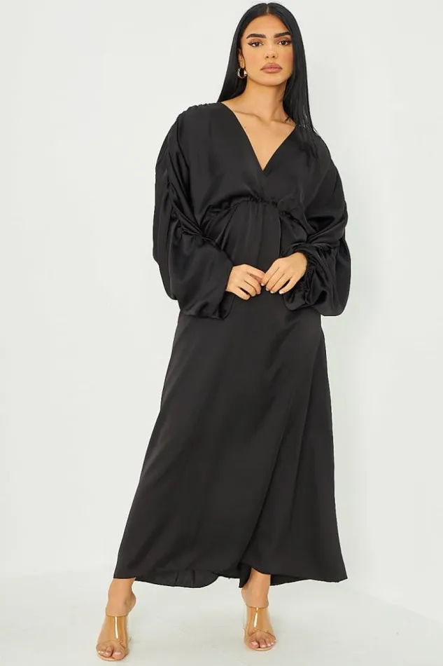 Women Robe Manche Bouffante Satine Noire Black Brentiny Paris Satin Dresses