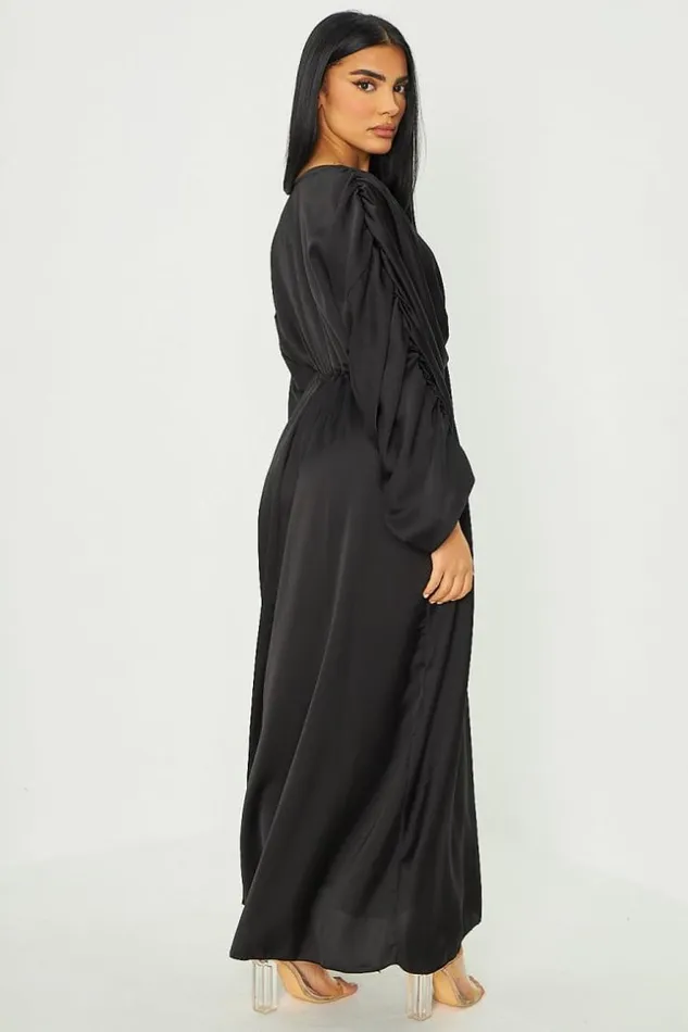 Women Robe Manche Bouffante Satine Noire Black Brentiny Paris Satin Dresses