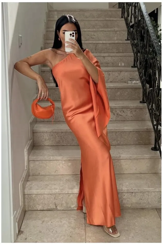 Women Robe Orange One Shoulder Satine Manche Volant Orange Brentiny Paris Short Dresses