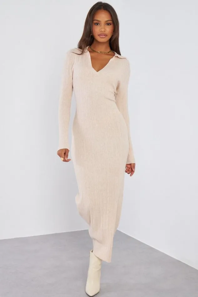 Women Robe Pull Beige Col Rabats Texture Beige Brentiny Paris Short Dresses