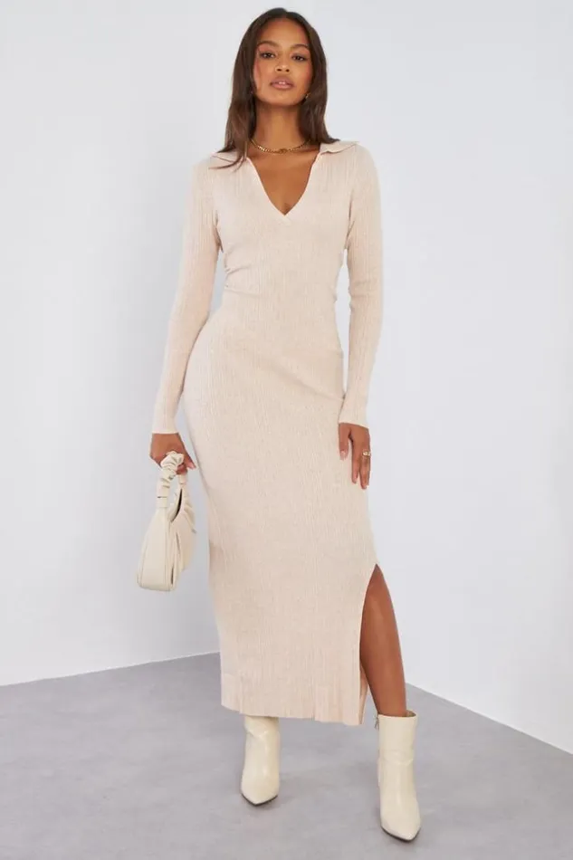 Women Robe Pull Beige Col Rabats Texture Beige Brentiny Paris Short Dresses
