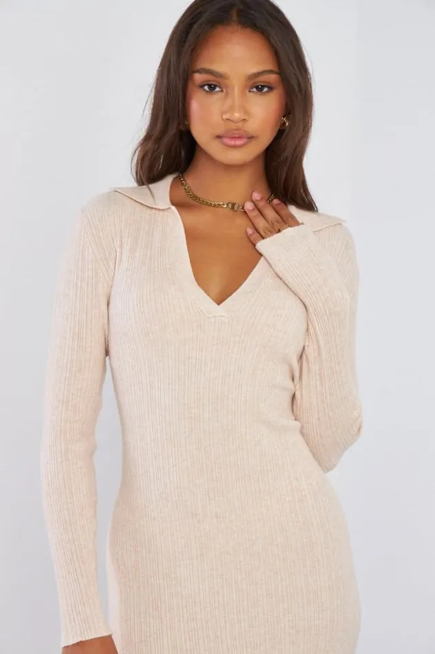 Women Robe Pull Beige Col Rabats Texture Beige Brentiny Paris Short Dresses