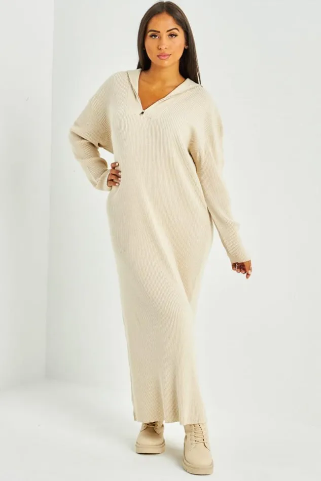 Women Robe Pull Beige Col Roule Beige Brentiny Paris Short Dresses