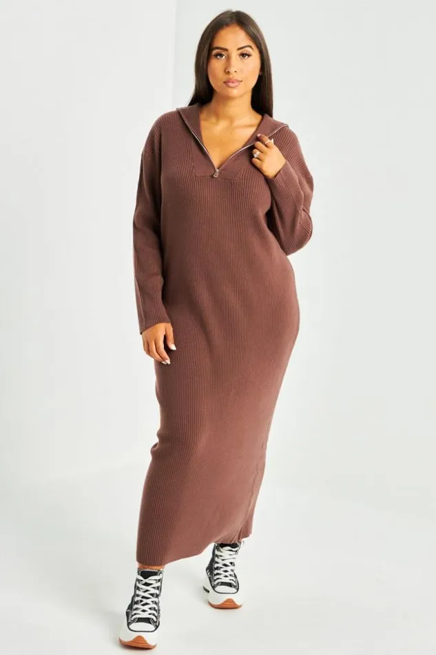 Women Robe Pull Marron Col Roule Brown Brentiny Paris Short Dresses