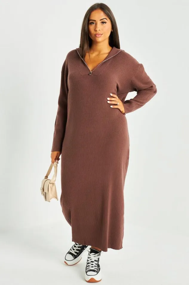 Women Robe Pull Marron Col Roule Brown Brentiny Paris Short Dresses