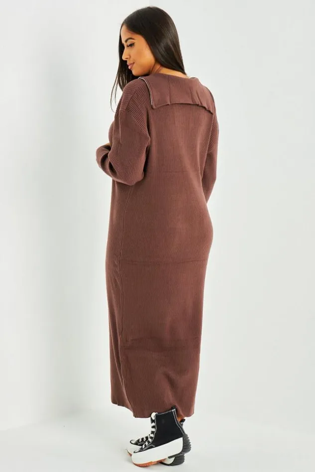 Women Robe Pull Marron Col Roule Brown Brentiny Paris Short Dresses