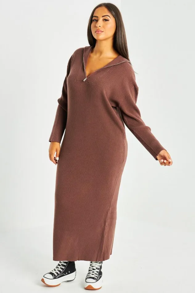 Women Robe Pull Marron Col Roule Brown Brentiny Paris Short Dresses