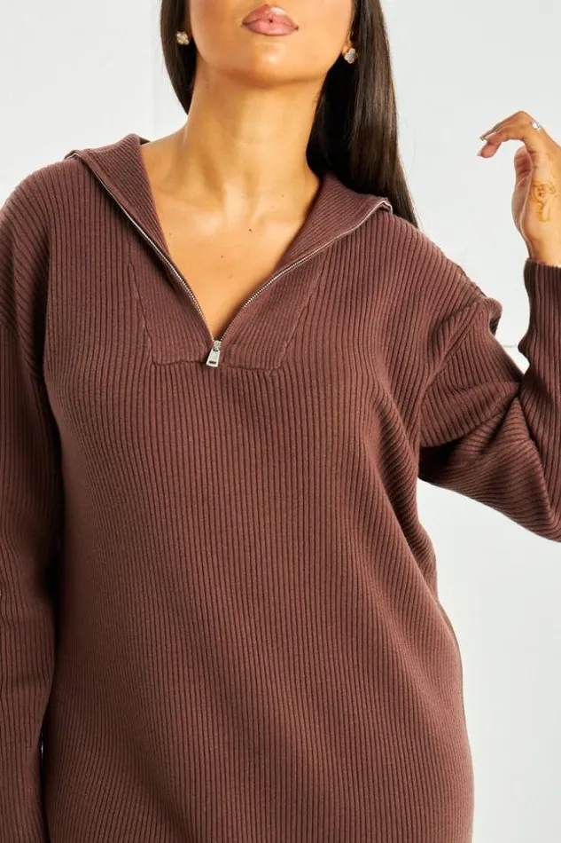 Women Robe Pull Marron Col Roule Brown Brentiny Paris Short Dresses
