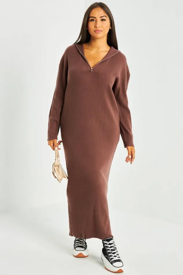 Women Robe Pull Marron Col Roule Brown Brentiny Paris Short Dresses