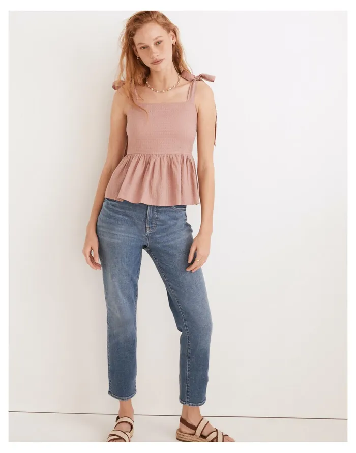 Women Rosalie Tie Strap Top In Textured Gingham Faded Mauve Madewell Tops and Shirts