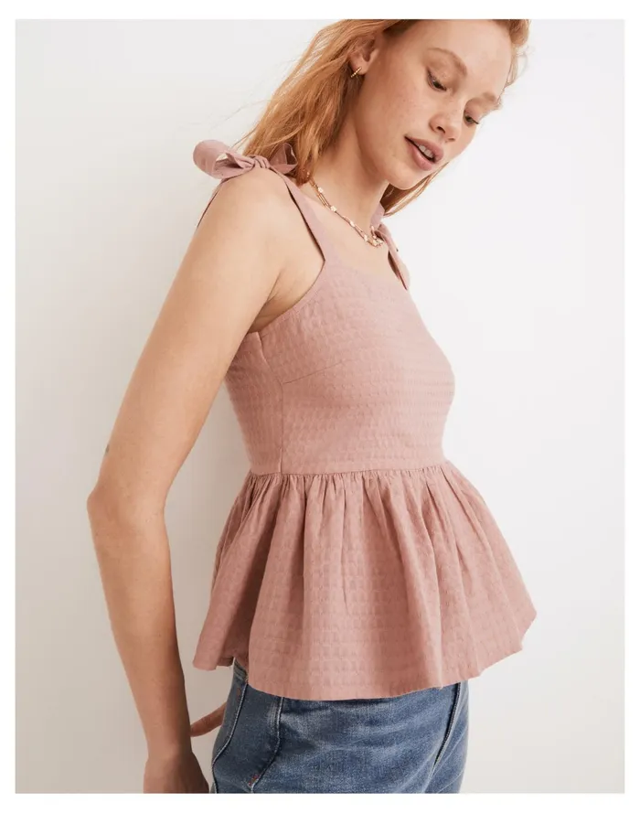 Women Rosalie Tie Strap Top In Textured Gingham Faded Mauve Madewell Tops and Shirts Women Rosalie Tie Strap Top In Textured Gingham Faded Mauve Madewell Tops and Shirts