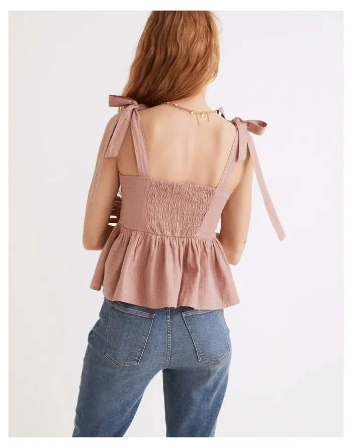 Women Rosalie Tie Strap Top In Textured Gingham Faded Mauve Madewell Tops and Shirts Women Rosalie Tie Strap Top In Textured Gingham Faded Mauve Madewell Tops and Shirts