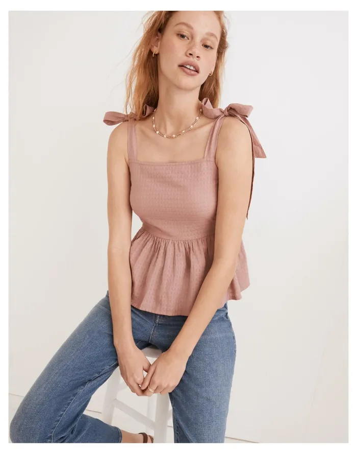 Women Rosalie Tie Strap Top In Textured Gingham Faded Mauve Madewell Tops and Shirts Women Rosalie Tie Strap Top In Textured Gingham Faded Mauve Madewell Tops and Shirts