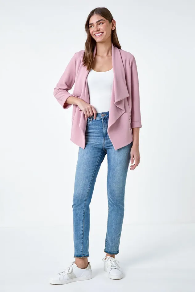 Women Rose 34 Sleeve Textured Waterfall Front Jacket Roman Jackets