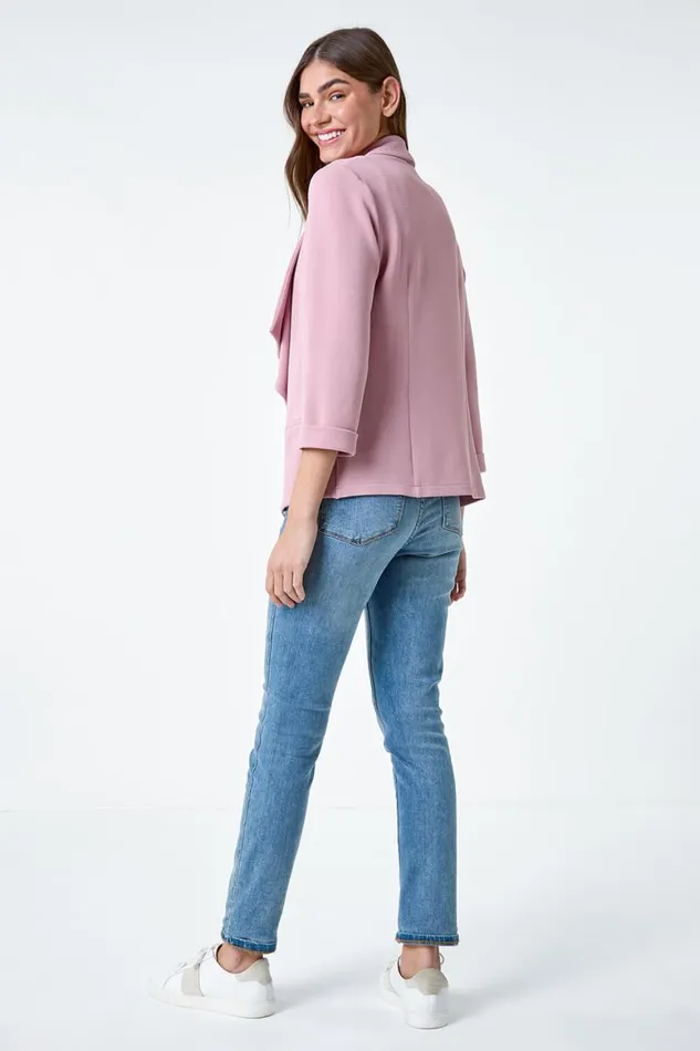 Women Rose 34 Sleeve Textured Waterfall Front Jacket Roman Jackets