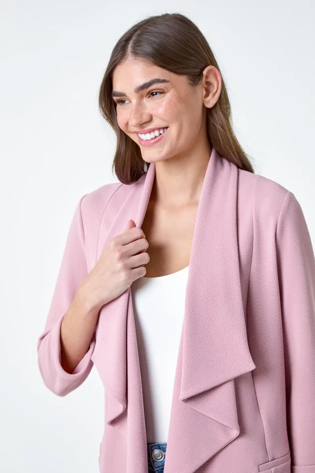 Women Rose 34 Sleeve Textured Waterfall Front Jacket Roman Jackets