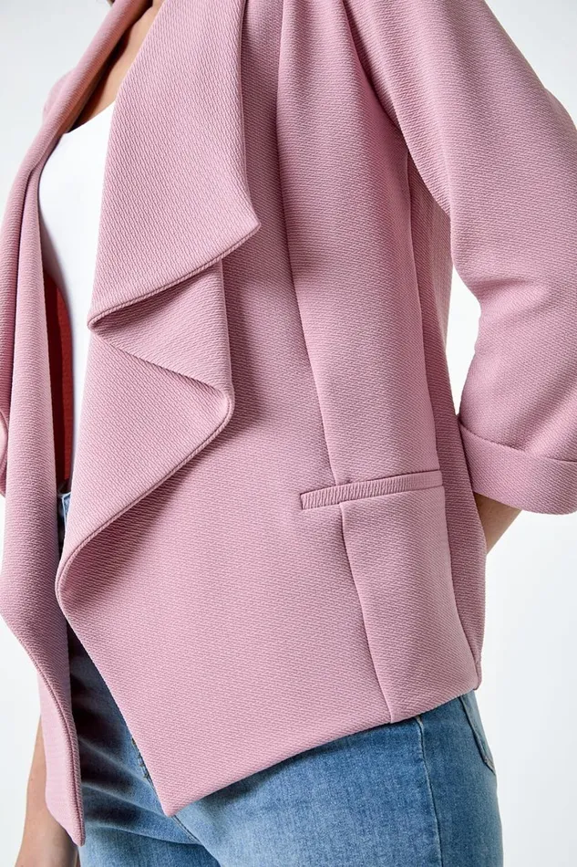Women Rose 34 Sleeve Textured Waterfall Front Jacket Roman Jackets