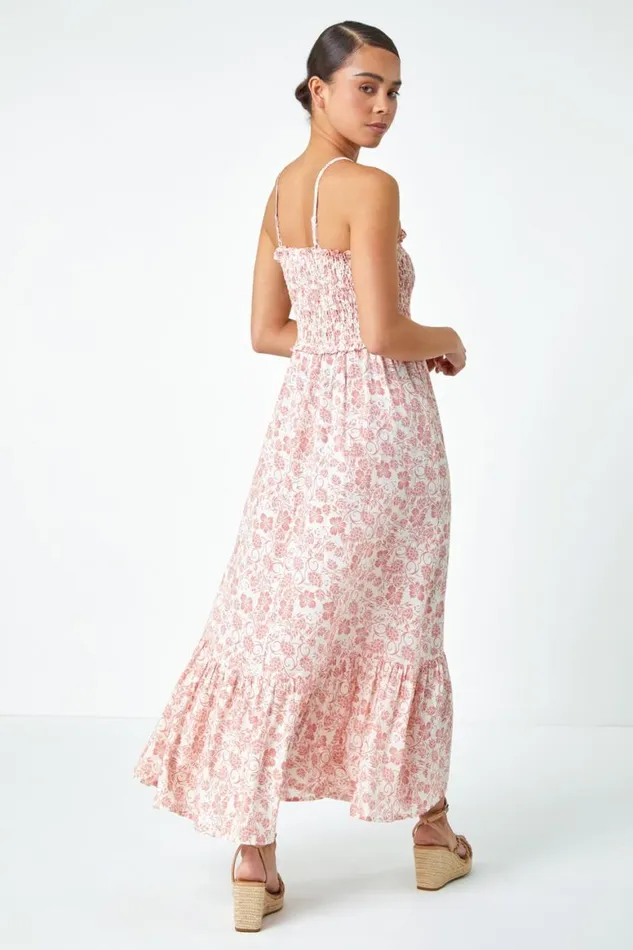 Women Rose Petite Floral Print Shirred Maxi Dress Roman Dresses