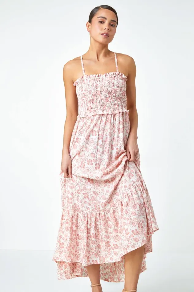 Women Rose Petite Floral Print Shirred Maxi Dress Roman Dresses
