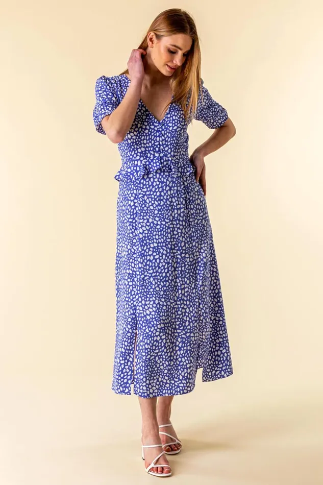 Women Royal Blue Animal Print Frill Detail Midi Dress Roman Dresses