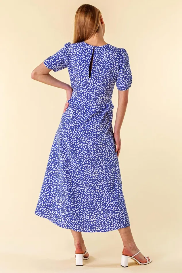 Women Royal Blue Animal Print Frill Detail Midi Dress Roman Dresses