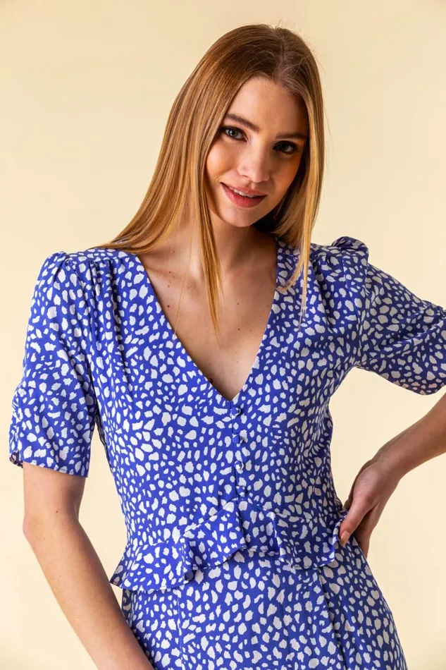 Women Royal Blue Animal Print Frill Detail Midi Dress Roman Dresses