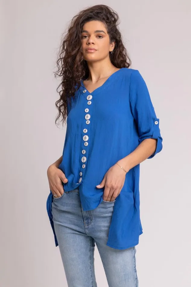 Women Royal Blue Asymmetric Abstract Button Detail Top Roman Tops