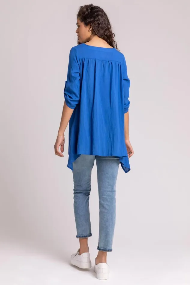 Women Royal Blue Asymmetric Abstract Button Detail Top Roman Tops