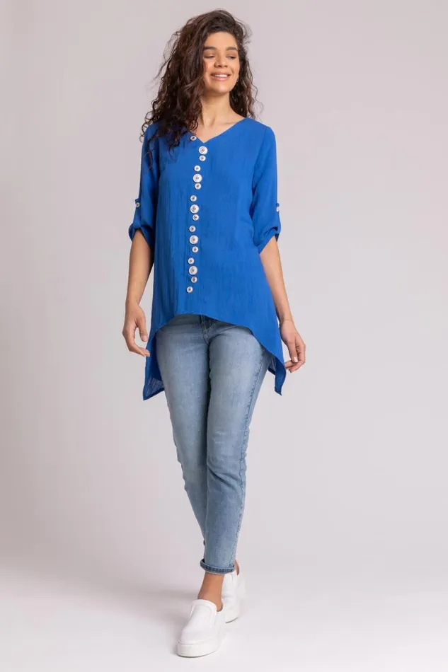 Women Royal Blue Asymmetric Abstract Button Detail Top Roman Tops