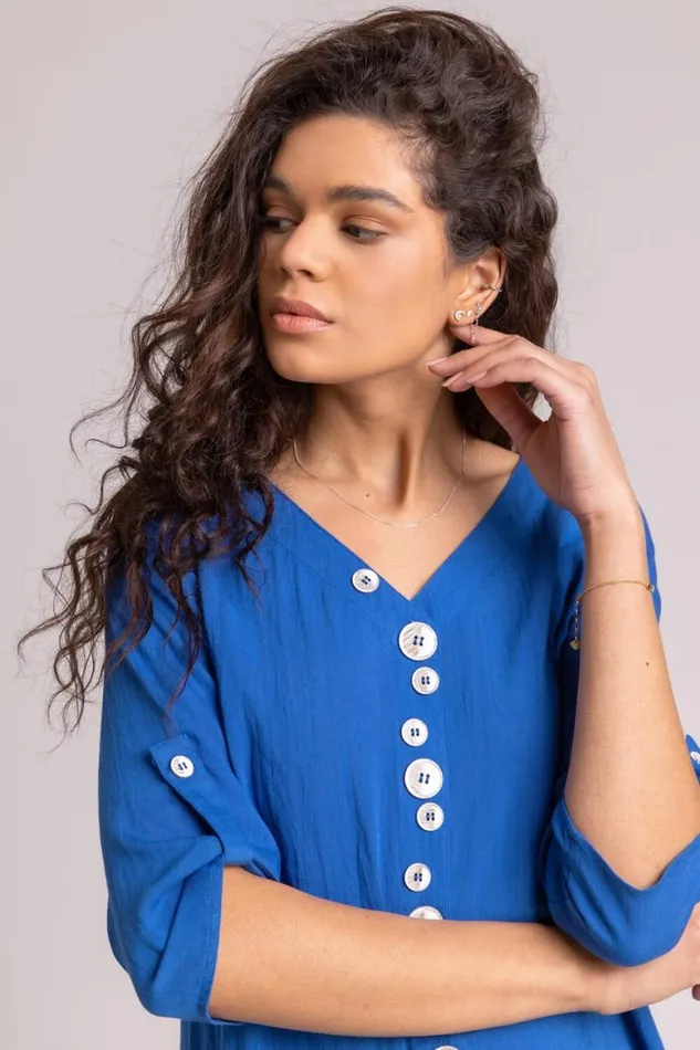 Women Royal Blue Asymmetric Abstract Button Detail Top Roman Tops