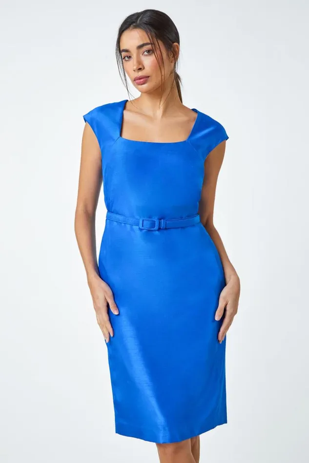 Women Royal Blue Belted Mini Shift Dress Roman Dresses