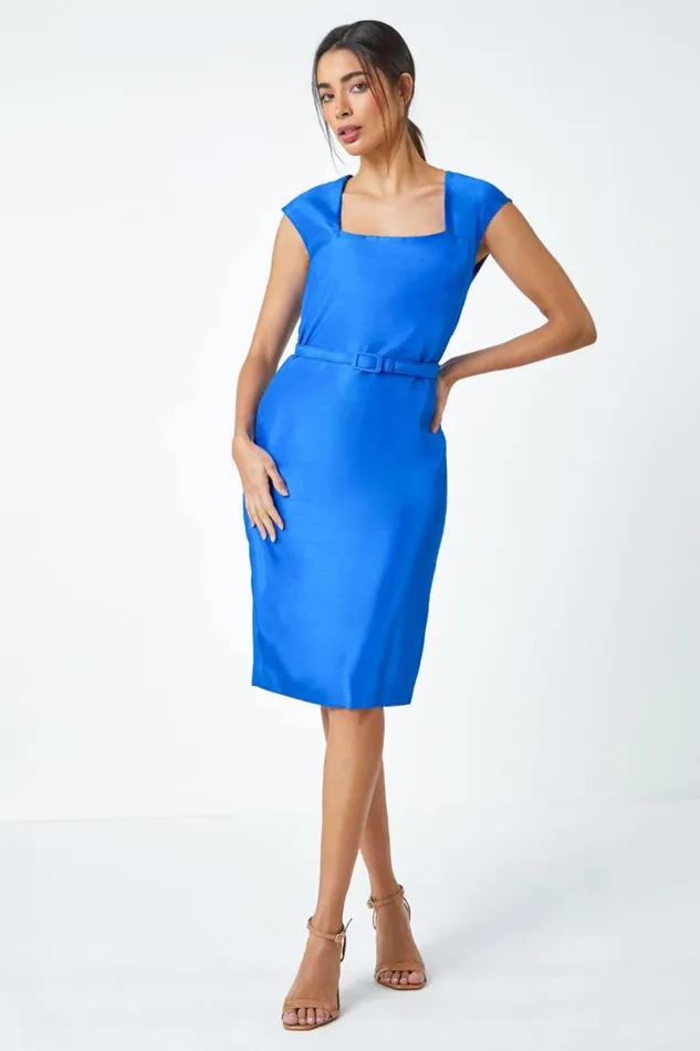 Women Royal Blue Belted Mini Shift Dress Roman Dresses